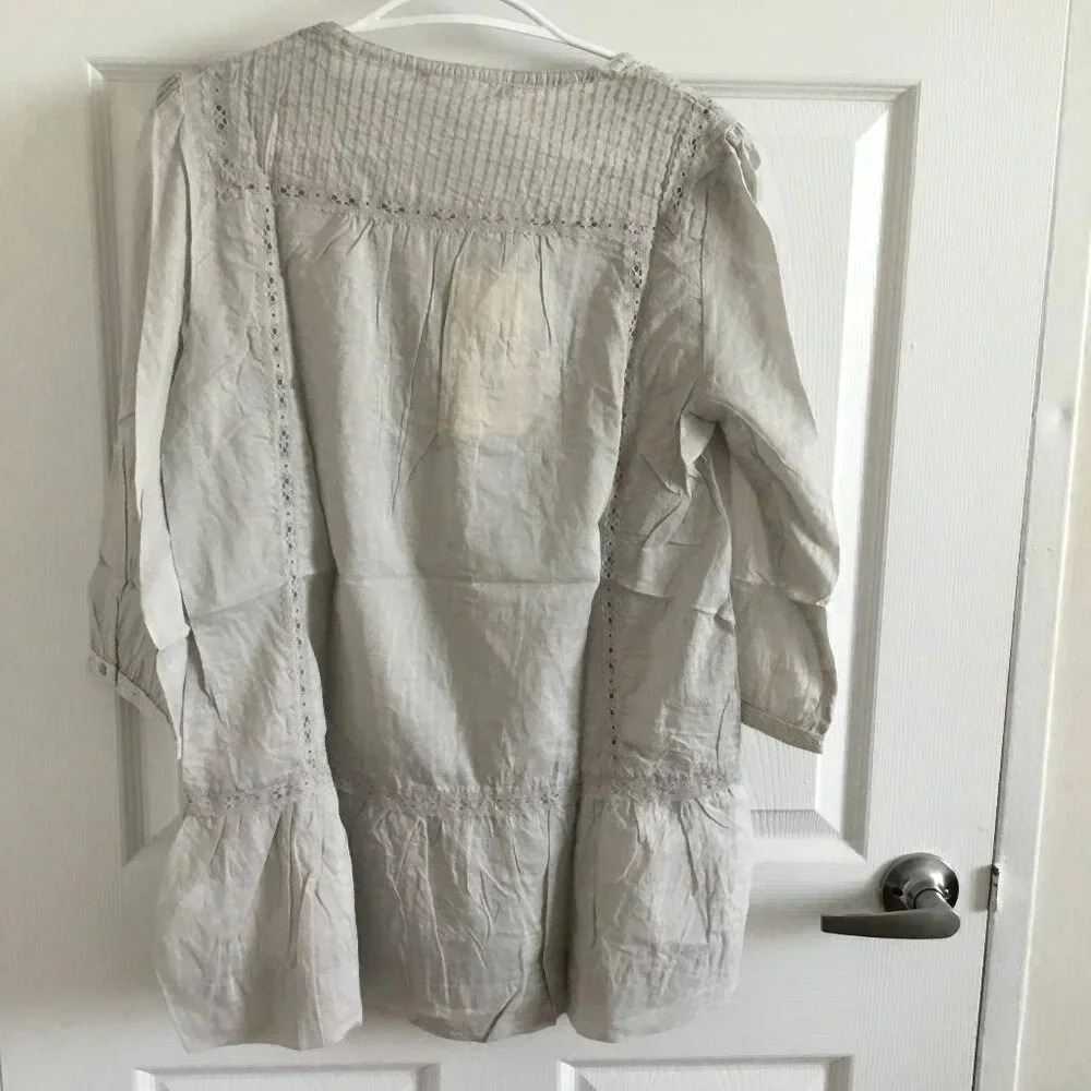 NWT Grey 100% Cotton Lace Trim Blouse 3/4 Sleeve Pin-tuck Shirt  Romantic  6-8 - Picture 4 of 16